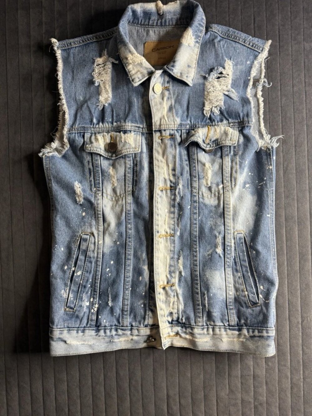 Carbon Blue Distressed Vest Button Logo Men Regular Size S Mid-Length Casual - Picture 2 of 3
